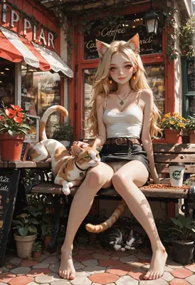 Cat Girl Relaxing at Cafe Bench