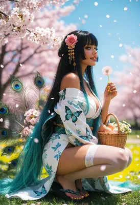 Springtime Maiden with Peacock Feathers