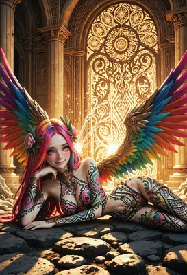 Rainbow Winged Goddess with Floral Tattoos