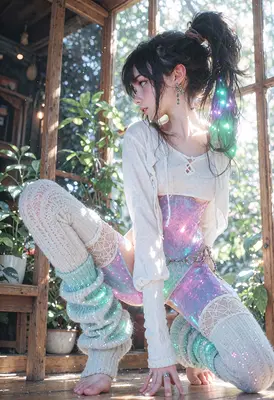 Holographic Style Girl in Greenhouse