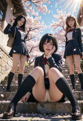 Schoolgirls Under Blooming Cherry Blossom Trees