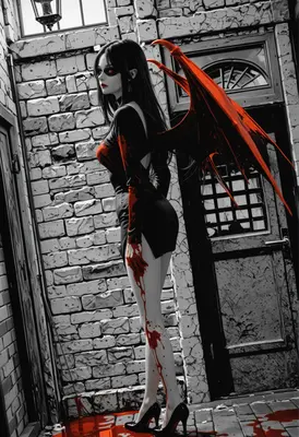 Crimson Winged Demoness in Monochrome