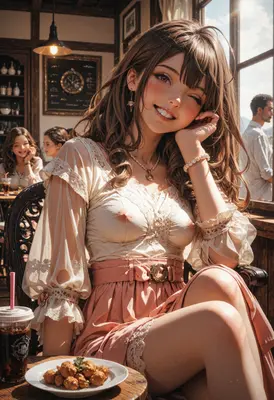 Cheerful Girl Enjoying Cafe Brunch