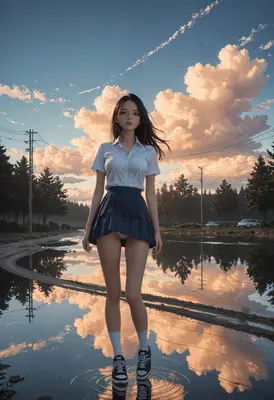 Schoolgirl Standing in Sunset Reflection