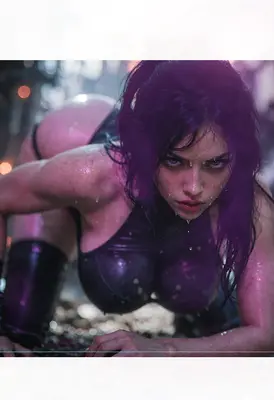 Wet Cyberpunk Warrior in Neon Light