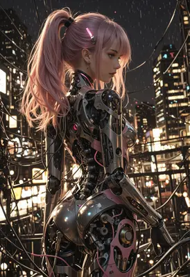 Cybernetic Pink Haired Android in City
