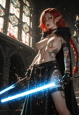 Redheaded Elf Warrior in Dark Cathedral