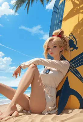 Blonde Surfer Girl Relaxing at Beach