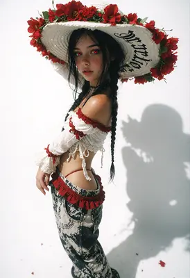 Red Eyed Beauty in Floral Hat