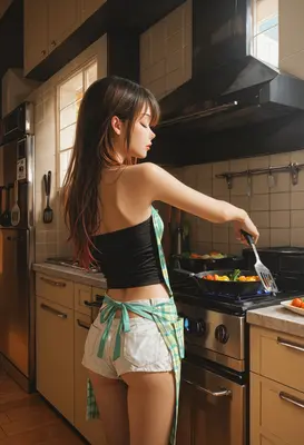 Young Woman Cooking in Home Kitchen