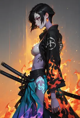 Fiery Samurai Warrior with Glowing Tattoos