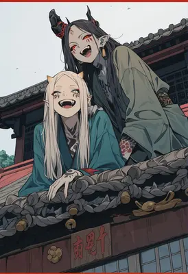 Joyful Oni Sisters on Shrine Roof