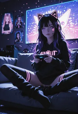 Neon Gamer Girl In Her Room