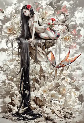 Ethereal Koi Mermaid Among White Blooms