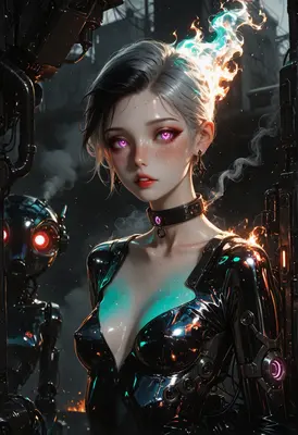 Cybernetic Beauty with Neon Flames