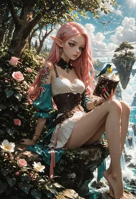 Elf Reading Beside Floating Waterfall