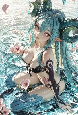 Ethereal Horned Maiden in Floral Waters