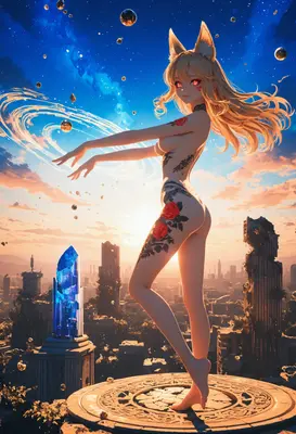 Celestial Kitsune Over Ruined City