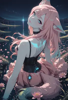 Moonlit Fox Girl at the Lotus Pond