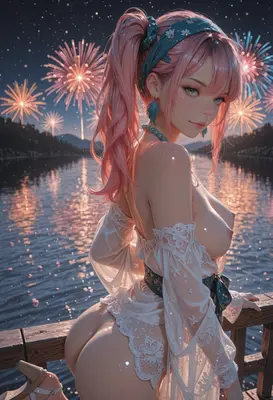 Pink Haired Beauty Under Fireworks