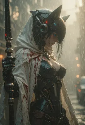 Cybernetic Warrior in the Rain