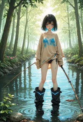Young Angler in the Forest Stream