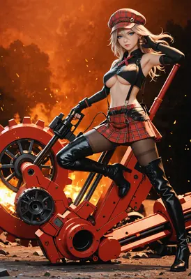 Blonde Warrior Standing on Heavy Machinery