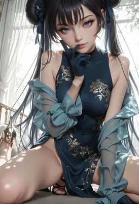 Elegant Blue Qipao Anime Beauty