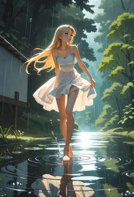 Blonde Girl Dancing in Summer Rain