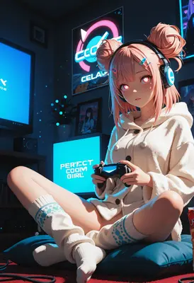 Cozy Gamer Girl in Neon Room