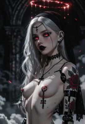 Gothic Cyborg Nun with Red Eyes