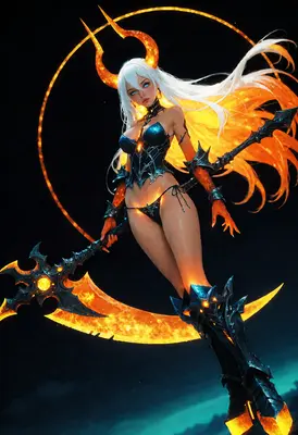 Fiery Demon Huntress with Crescent Scythe
