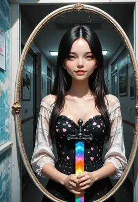 Girl Holding a Magical Rainbow Sword