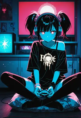 Neon Gamer Girl in Dark Room