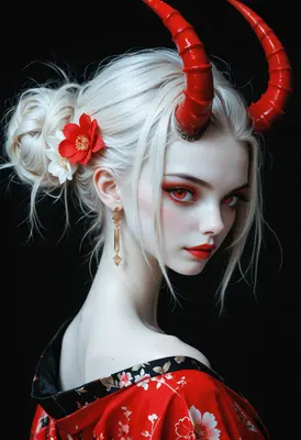 Ethereal Demon Maiden in Red Kimono
