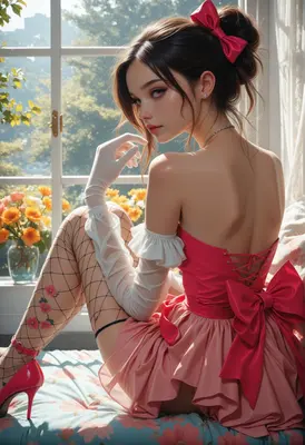 Elegant Girl in Pink Bow Dress