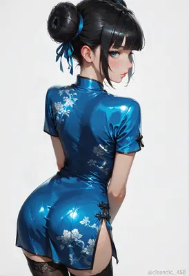 Elegant Girl in Glossy Blue Qipao