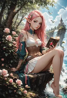 Pink Haired Elf Reading By Waterfall