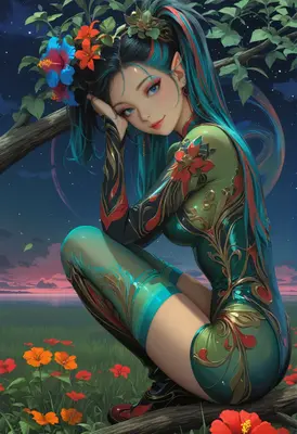 Elf Maiden Resting Under Twilight Blooms