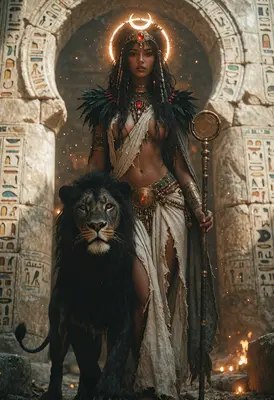 Ancient Egyptian Priestess and Lion Guardian