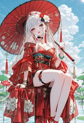 Elegant Maiden with Red Parasol