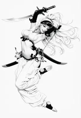 Dynamic Swordswoman in Midair Action