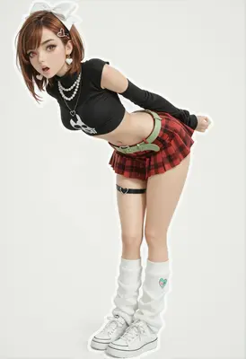 Playful Anime Girl in Plaid Skirt