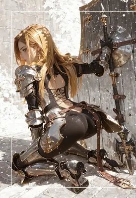 Blonde Warrior Kneeling in Silver Armor