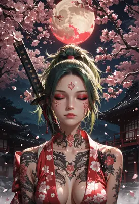 Tattooed Samurai Under Red Moon