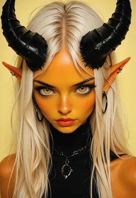 Golden Demon Portrait with Black Horns