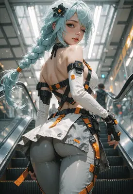 Futuristic Tactical Girl on Escalator