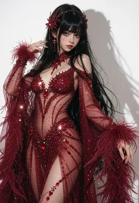 Ethereal Crimson Jewel Encrusted Gown
