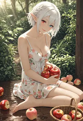 Elf Girl Gathering Fresh Red Apples