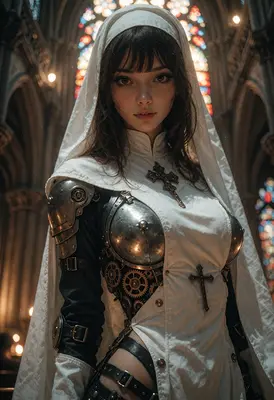 Steampunk Nun in Gothic Cathedral